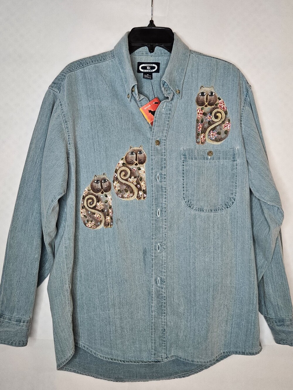 Three Rivers Hand Painted Cat Denim Button-Down Shirt - Light Blue Oversized M